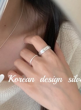 韩版东大门ins风银饰品 S925纯银百搭涂鸦笑脸拉丝戒指小众高级女