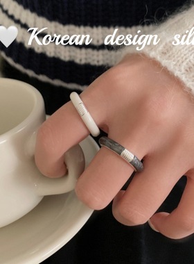 韩国东大门个性简约风 S925纯银米色黑色滴釉条纹戒指叠戴高级感
