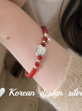 韩版秋冬新款手工S925纯银可爱涂鸦小熊红玛瑙弹力绳手链小众新年