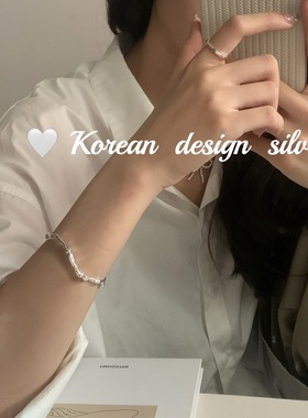 韩国ins博主同款重工银饰 S925纯银肌理纹不规则手镯 亮银女手环