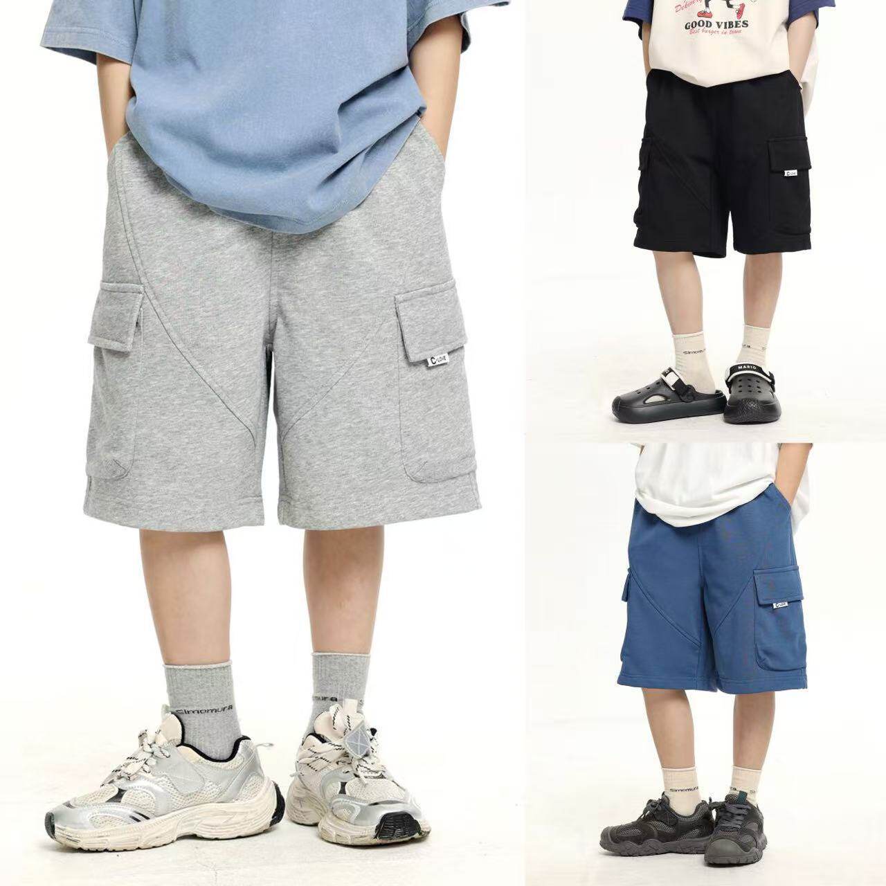男童短裤2026夏新韩版宽松休闲三色大口袋卫裤男宝百搭针织五分裤