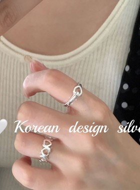 韩版东大门小众百搭饰品 S925纯银简约勾勾水滴镂空相扣戒指高级