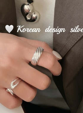 韩国秋冬小众ins银饰品 S925纯银简约宽版螺纹素圈麻花戒指高级女
