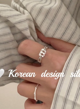 韩版冷淡风小众亮银饰品 925纯银简约镂空麻花戒指叠戴百搭开口女