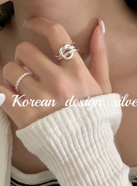 韩系秋冬新款极简设计 S925纯银双层镂空爱心打结珠戒指叠戴高级