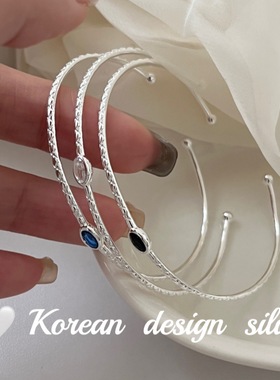 韩国东大门轻奢银饰品 S925纯银椭圆黑白蓝色锆石华夫格手镯高级