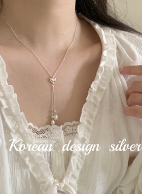 韩版ins风银饰品 925纯银气质肌理感爱心流苏天然珍珠项链高级感