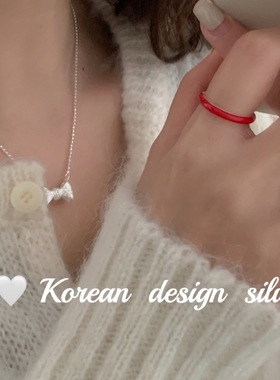 韩国圣诞新年小众银饰 S925纯银简约红色滴釉素圈闭口戒指高级感