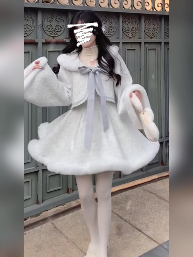 胖mm大码女装显瘦小香风甜美重工毛绒外套+吊带连衣裙两件套装冬