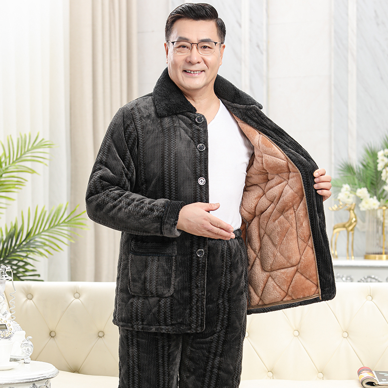 男士睡衣爸爸冬季珊瑚绒加厚加绒