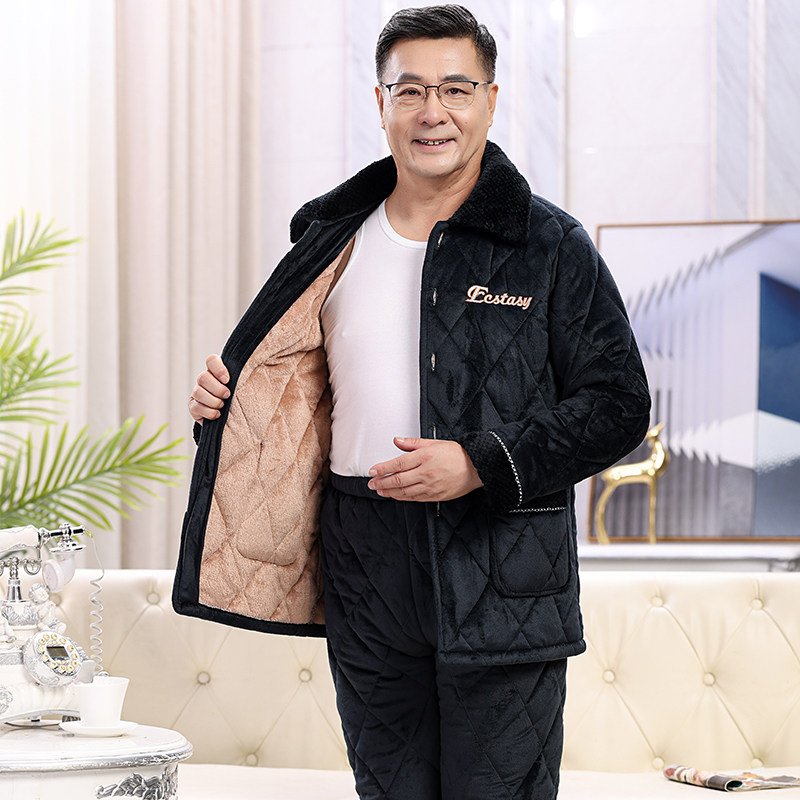 男士睡衣冬季加厚加绒新款保暖中老年珊瑚绒三层夹棉家居服秋冬款