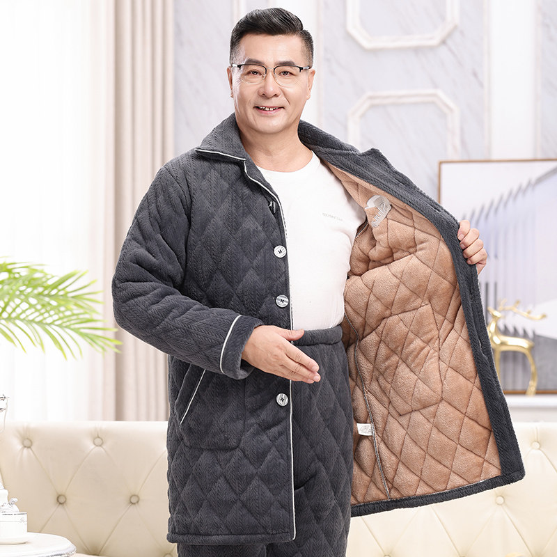 中长款三层夹棉睡衣男冬季加厚加绒中老年保暖套装爸爸新款家居服