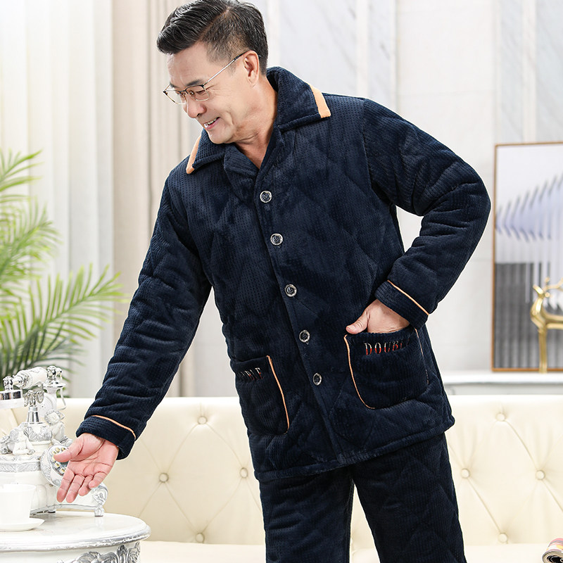 冬季睡衣男士三层夹棉加厚加绒中老年爸爸珊瑚绒保暖家居服秋冬款