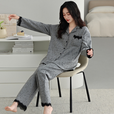 长袖纯棉睡衣女士春秋季翻领套装