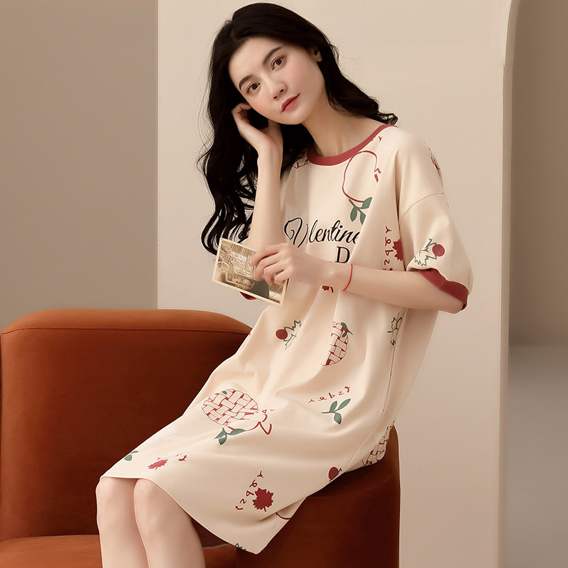 纯棉短袖睡裙女夏季薄款休闲宽松大码圆领印花可爱全棉家居服裙子