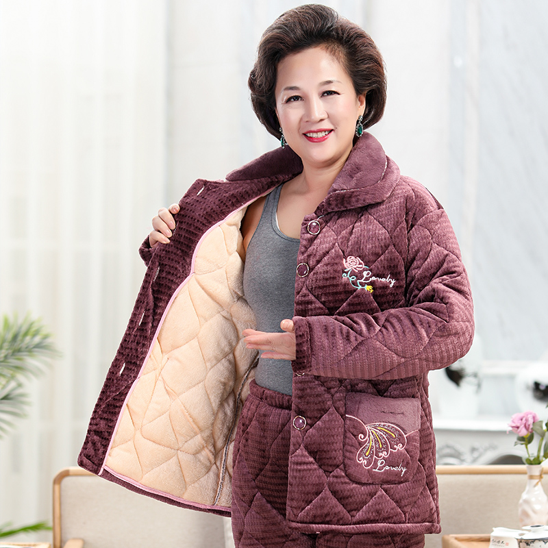 秋冬季睡衣女妈妈三层珊瑚绒夹棉