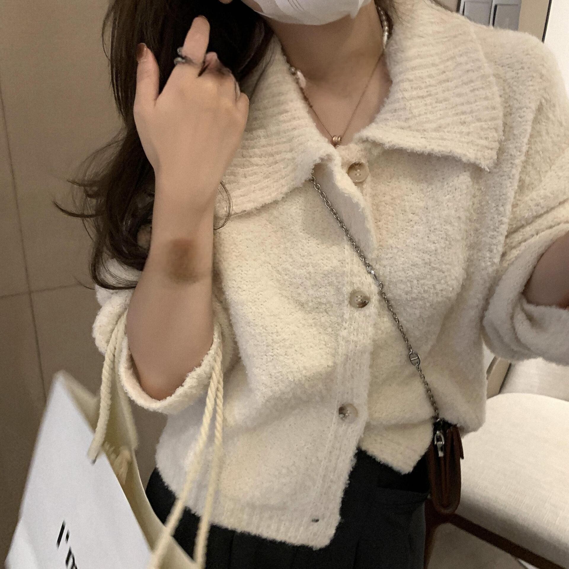 韩系chic奶白色翻领毛衣外套女秋冬外搭加厚温柔风豆豆纱针织开衫