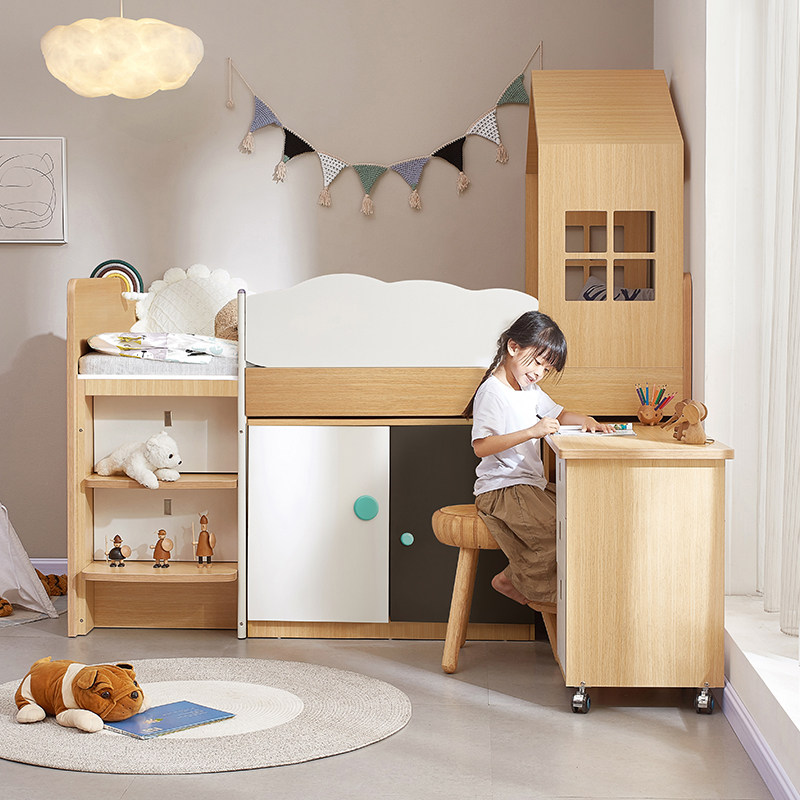 半高床儿童床上床下柜男女孩单人床带学习桌床床柜一体多功能储物