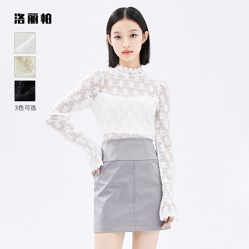洛丽帕甜酷女装早春款新品奶油白花朵蕾丝打底衫小立领喇叭袖上衣