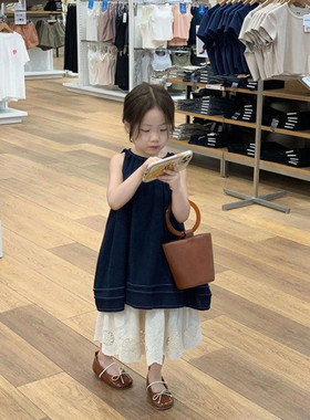 韩版女童夏季时髦连衣裙套装2025童装儿童洋气复古背心裙半身长裙