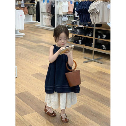 韩版女童夏季时髦连衣裙套装2025童装儿童洋气复古背心裙半身长裙