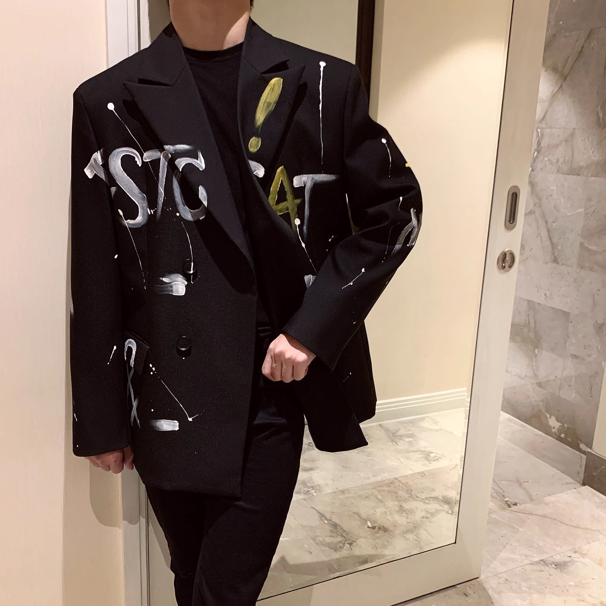 设计感小众宽松手绘印花小西装外套男士韩版潮流牌痞帅休闲单西服
