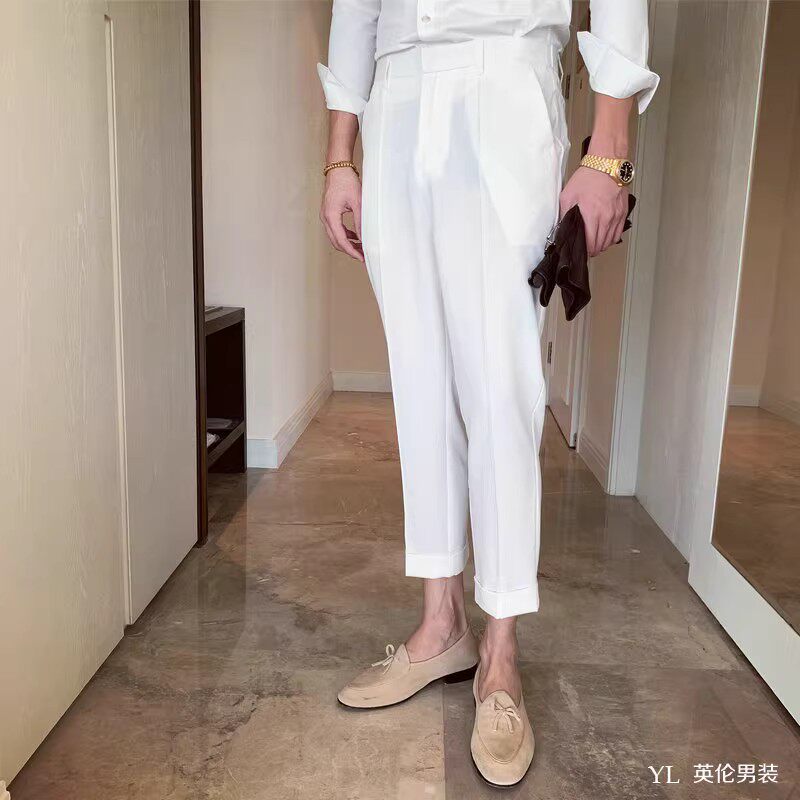 2025新款夏天季百搭修身直筒休闲裤子男潮流痞帅免烫垂感九分西裤