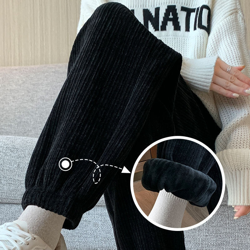 黑色加绒运动裤女春秋冬季宽松束脚保暖棉裤休闲小个子灯芯绒卫裤