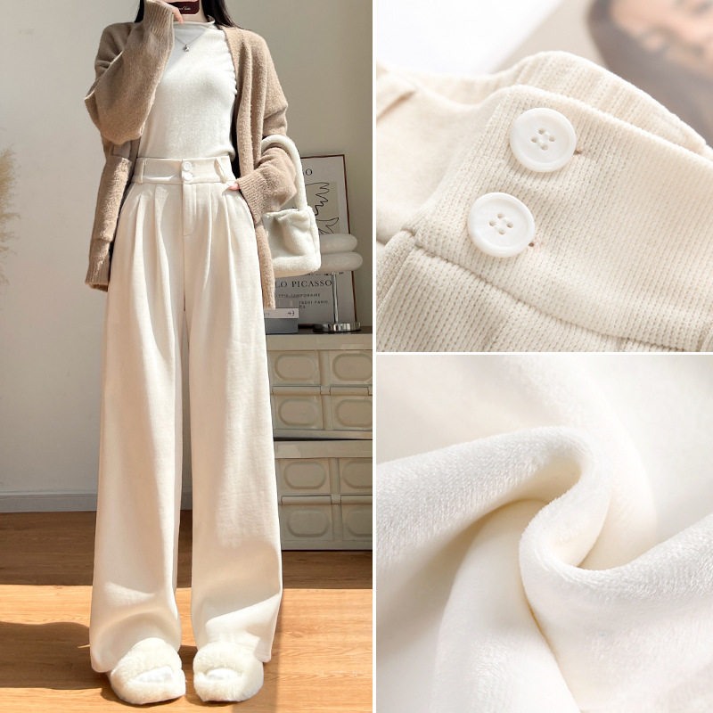 白色西装裤子女2025新款秋冬季加绒直筒裤垂感小个子灯芯绒阔腿裤