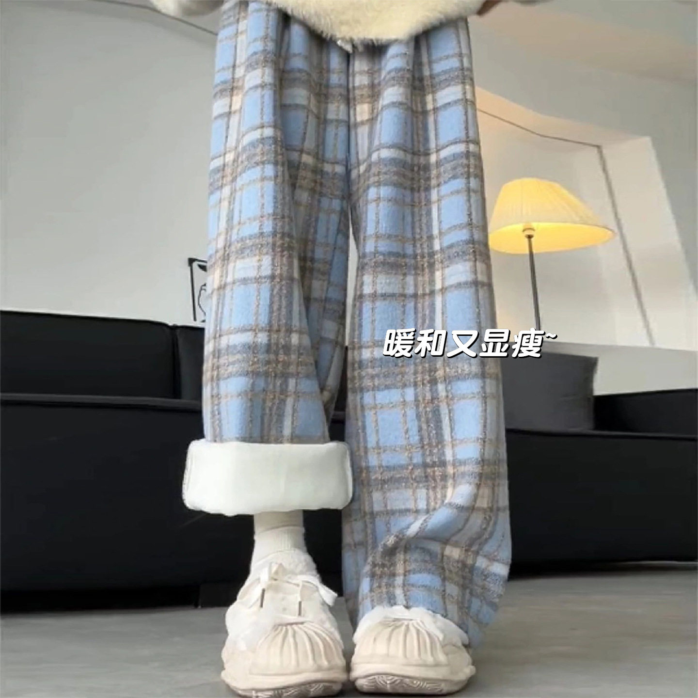 格子加绒裤子女秋冬季加厚棉裤窄版直筒宽松慵懒小个子毛呢阔腿裤