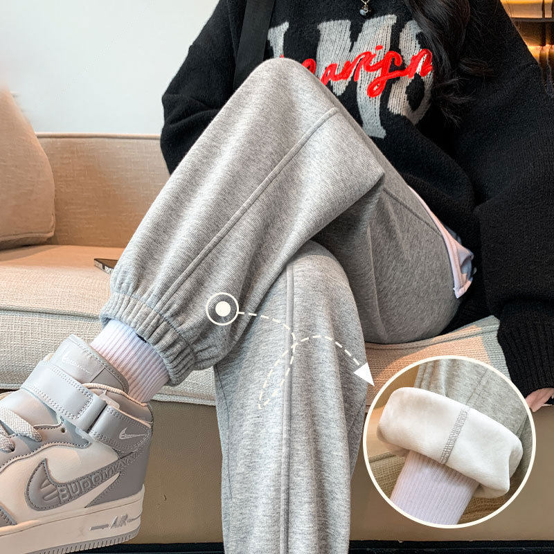 灰色加绒运动裤女秋冬加厚棉裤宽松萝卜哈伦裤休闲小个子束脚卫裤