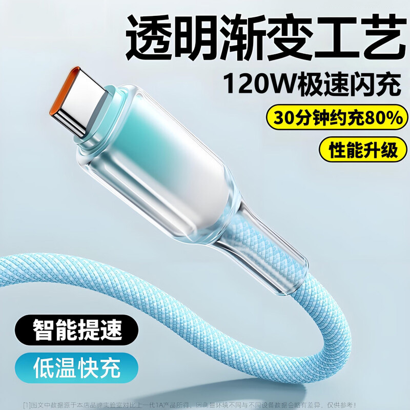 透明渐变120W超级充电快充Type-C数据线适用华为荣耀苹果小米vivo