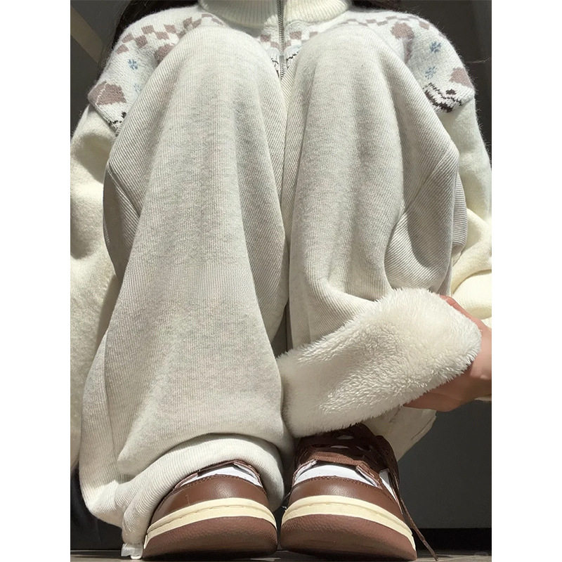 加绒运动裤女2025新款秋冬季加厚棉裤外穿宽松束脚羊羔绒阔腿卫裤