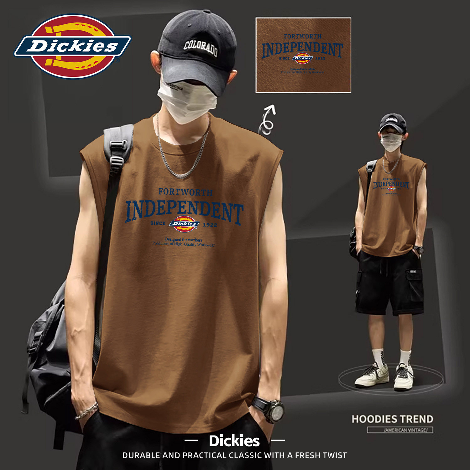 Dickies男士纯棉背心夏季宽松运动健身无袖套头上衣潮打底衫T恤男