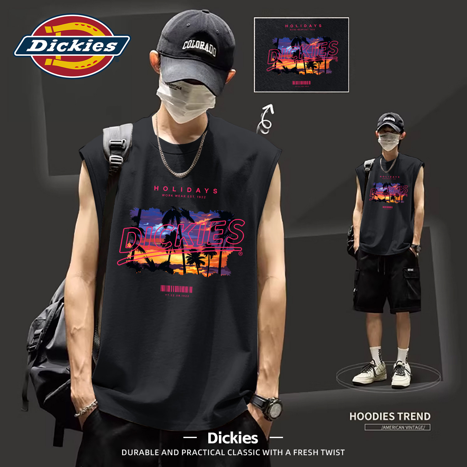 Dickies美式复古运动背心男黑色潮酷帅气夏季无袖上衣男印花t恤男
