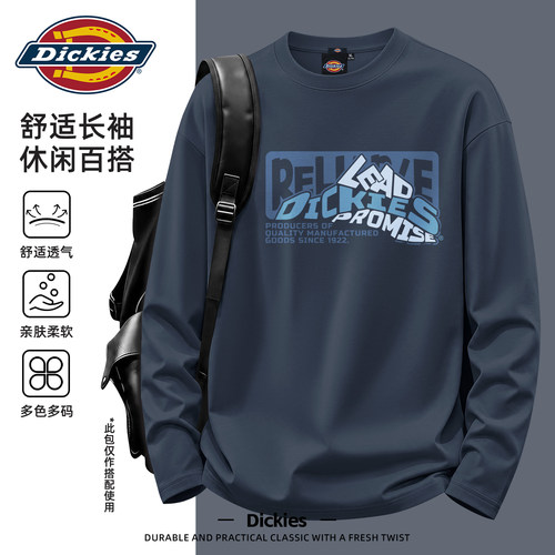 Dickies美式潮牌长袖T恤男秋季情侣休闲圆领印花设计感纯棉打底衫
