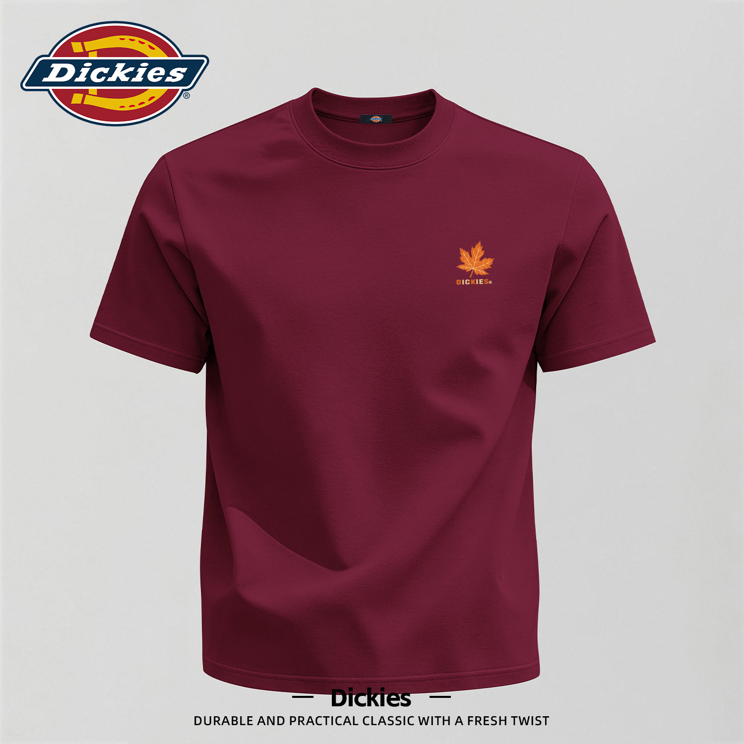 Dickies男士半袖T恤夏季纯棉重磅短袖青少年男生夏装酒红色上衣男