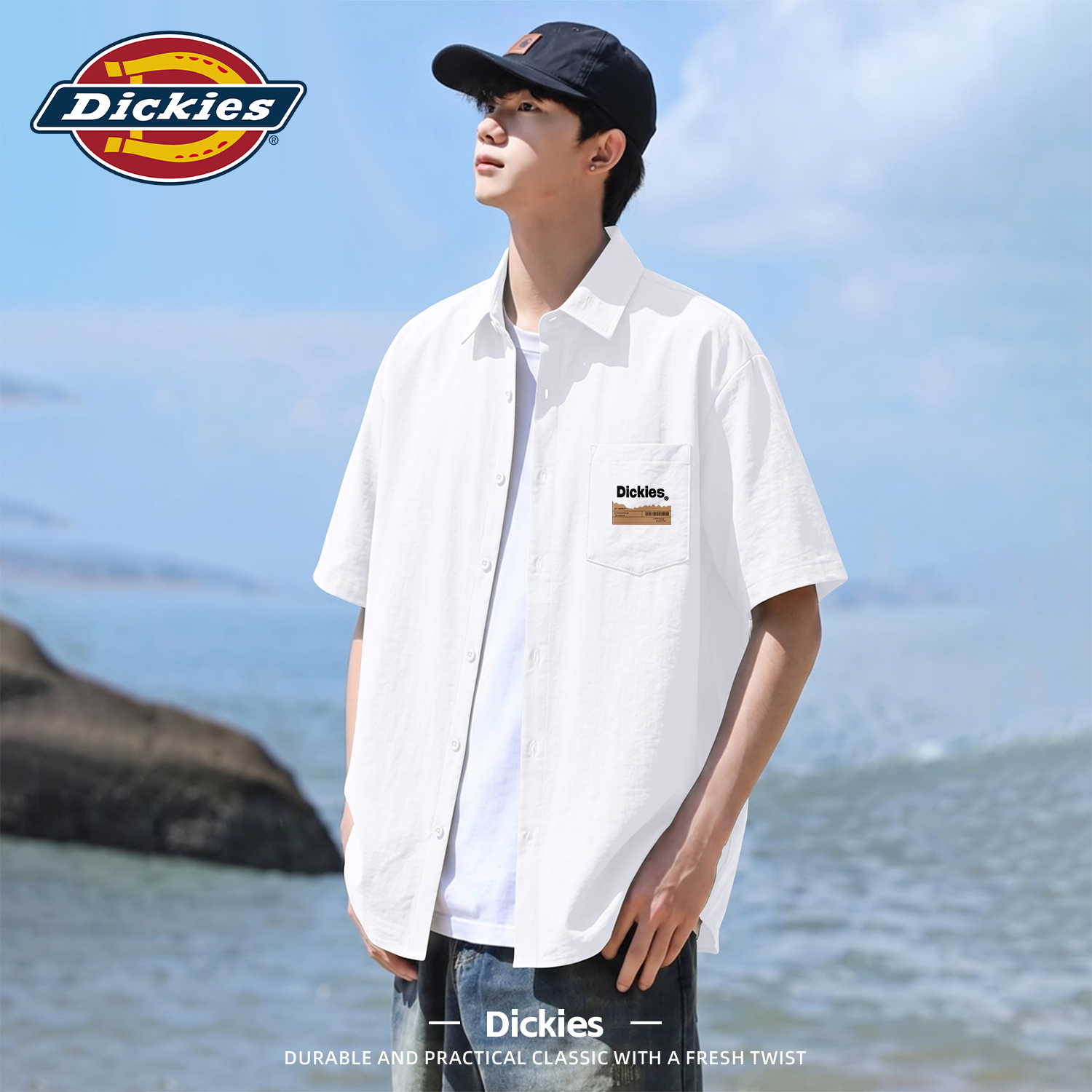 Dickies白色宽松短袖衬衫男女2026夏季新款凉感印花休闲上衣外套