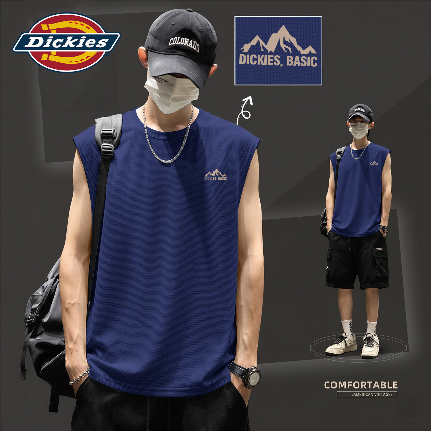 Dickies男士冰丝速干背心夏薄款透气运动印花T恤潮流无袖上衣男款