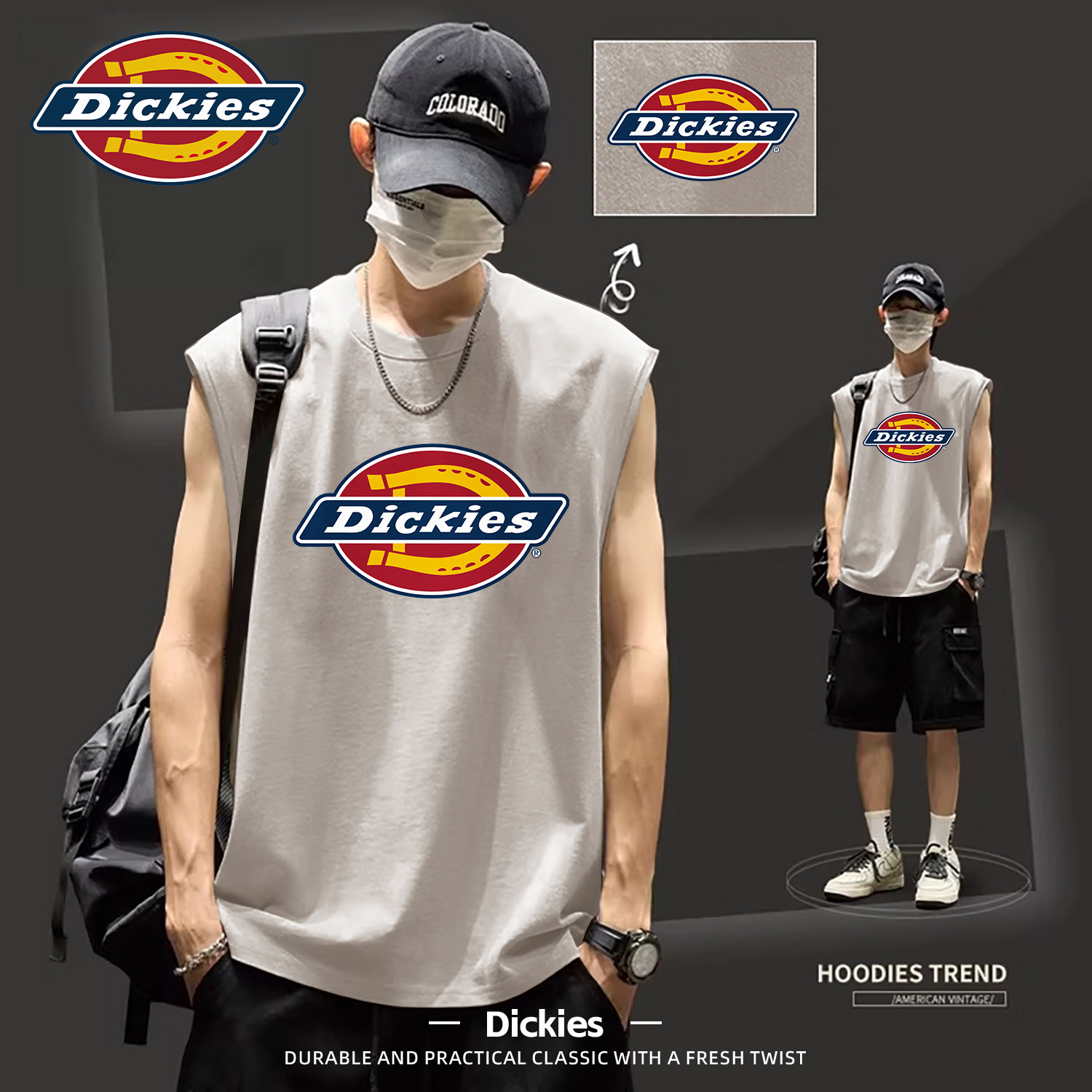 Dickies背心男美式复古印花圆领夏季宽松纯棉运动男士汗衫运动t恤