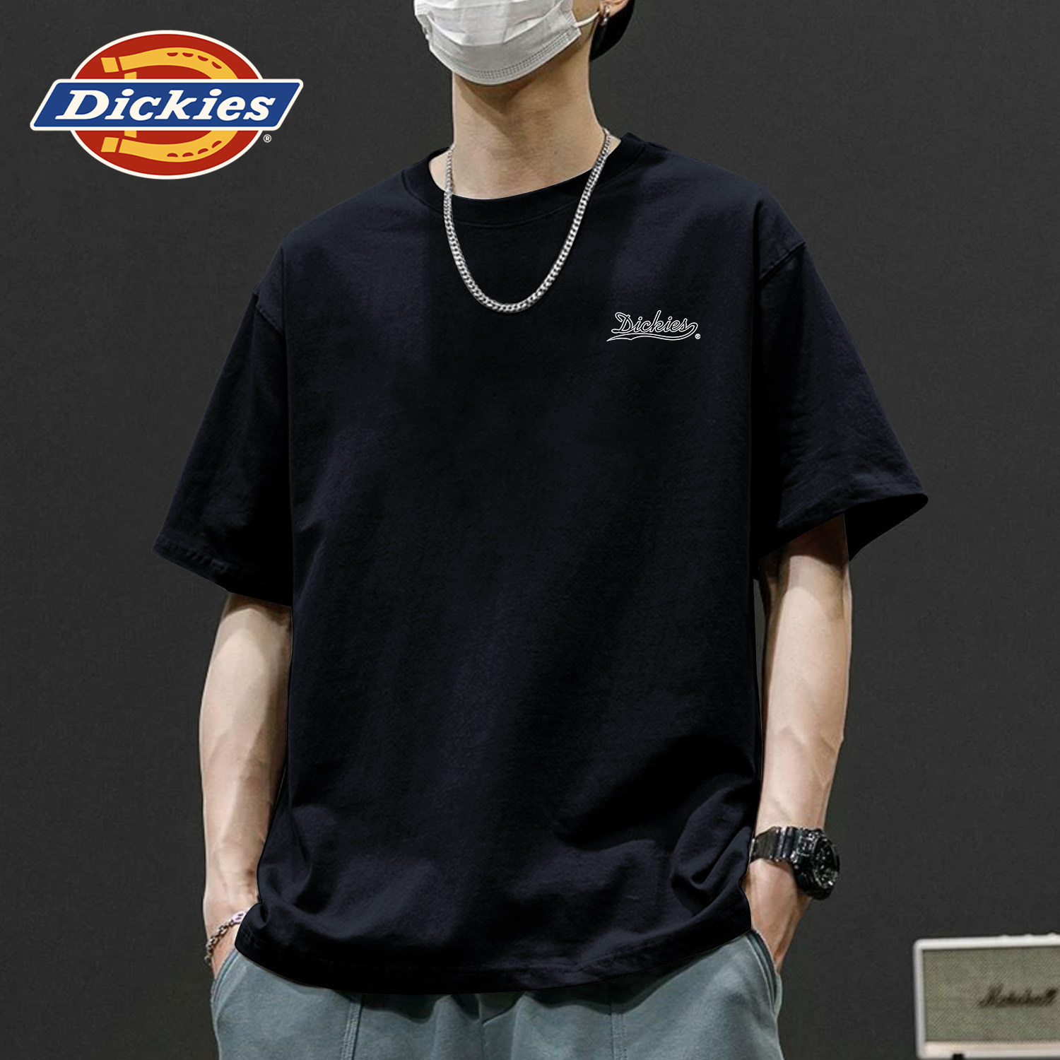 Dickies黑色短袖t恤男生简约印花上衣2026新款半袖潮流男生五分袖