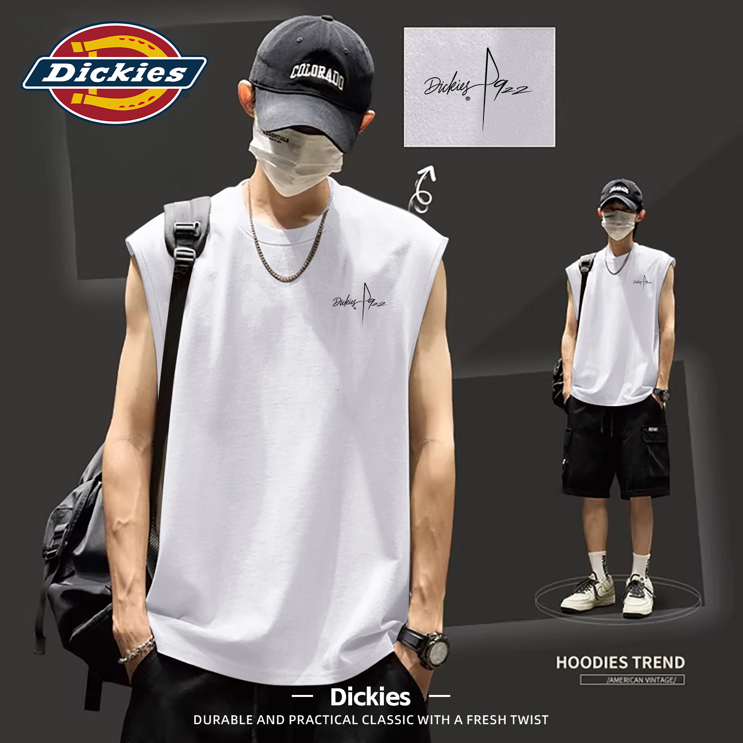 Dickies重磅水洗背心男夏季纯棉宽松潮牌印花大码无袖坎肩t恤男士