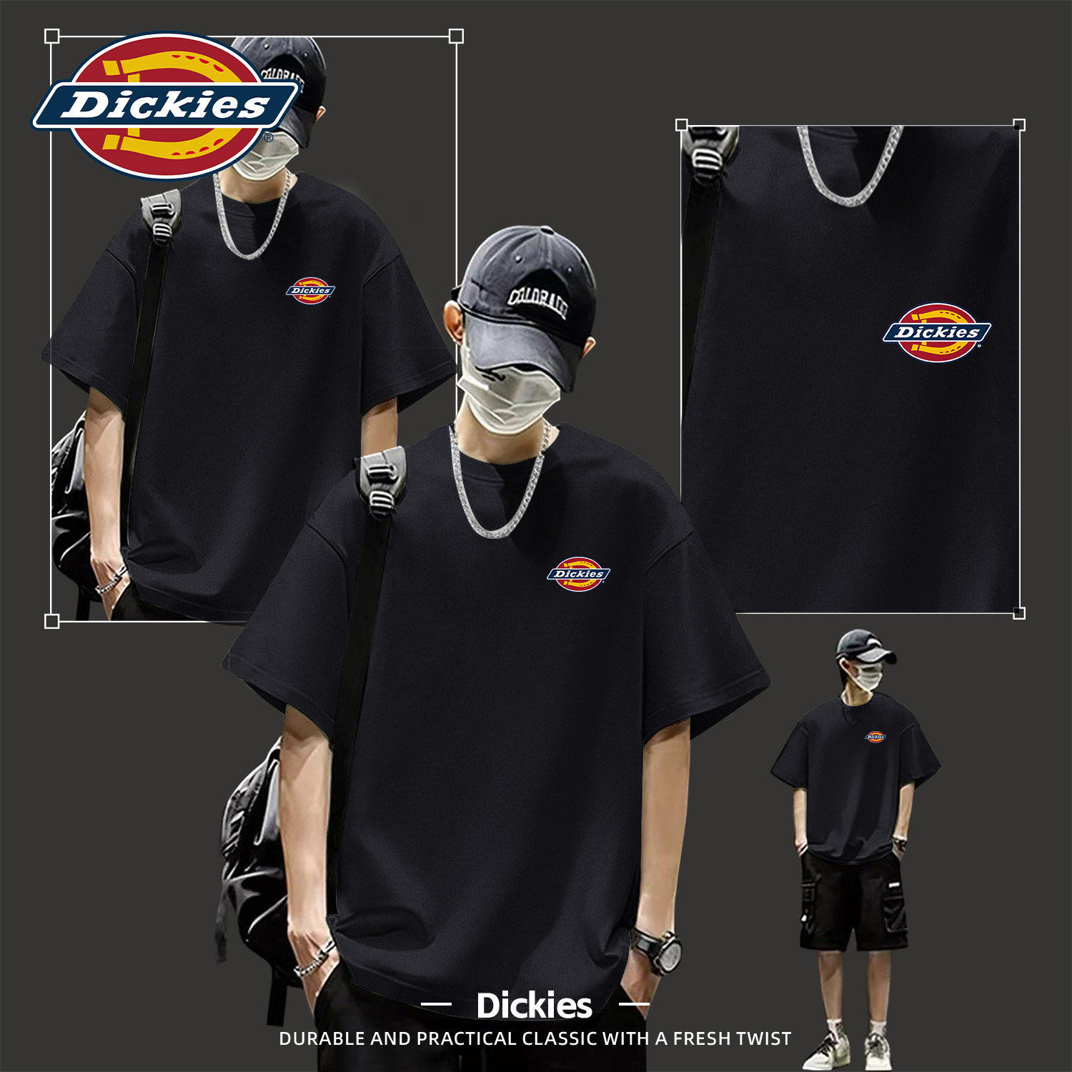 Dickies纯棉短袖t恤男士2026新款青少年学生夏季美式五分袖上衣男