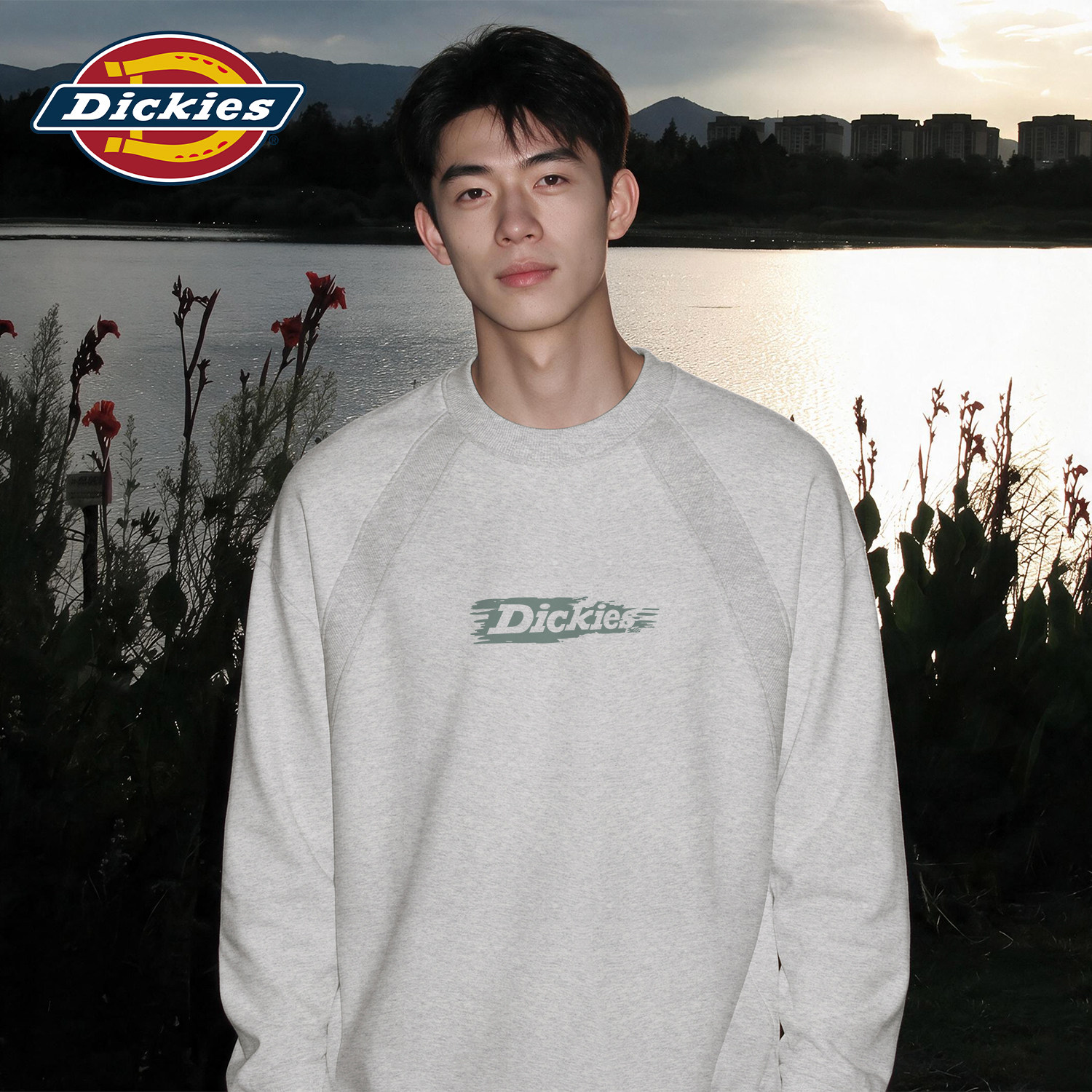 Dickies花灰色长袖T恤男款简约字母印花上衣解构设计感秋季衣服男