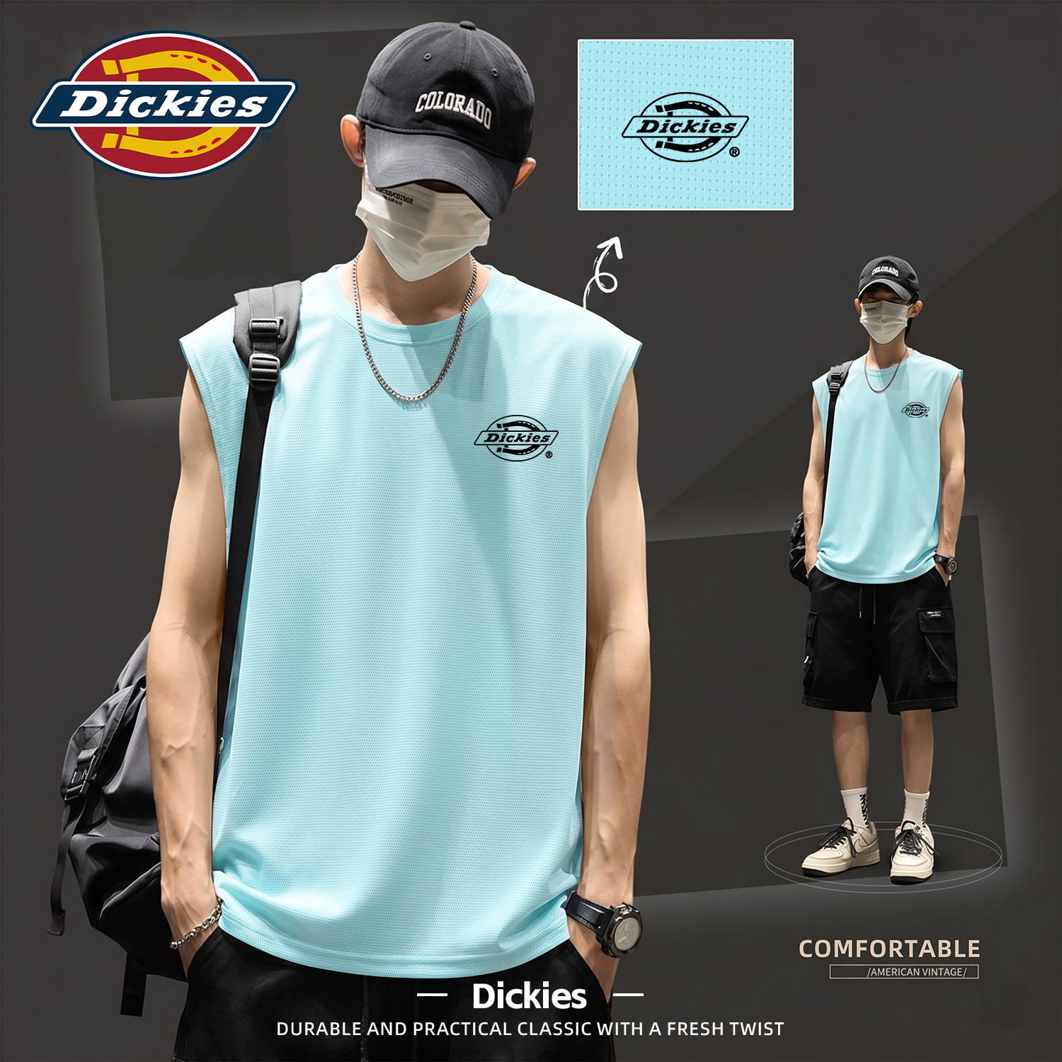 Dickies男士无袖背心夏薄款冰丝网眼透气运动T恤宽松印花速干上衣