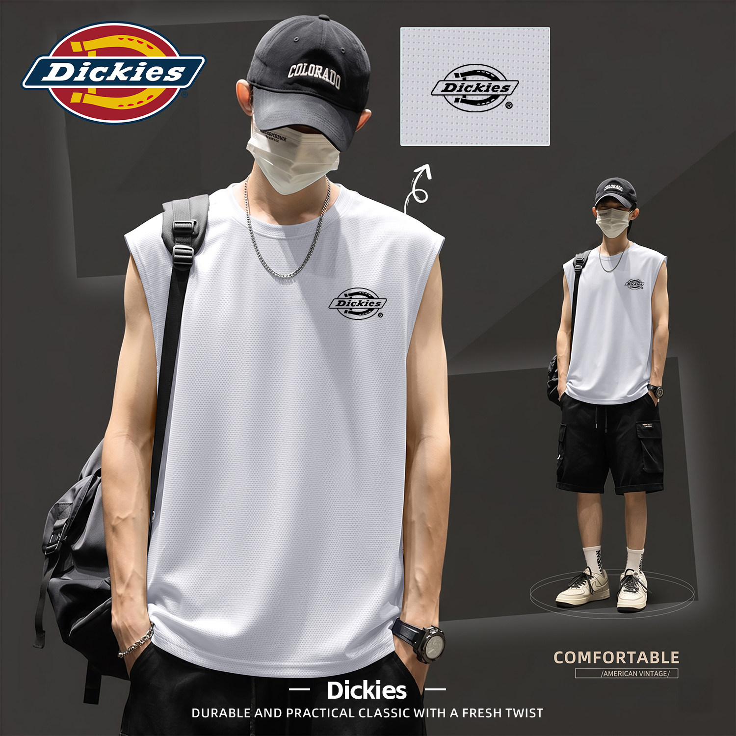 Dickies冰丝网眼T恤男款2026新款夏薄款速干无袖背心潮流印花上衣