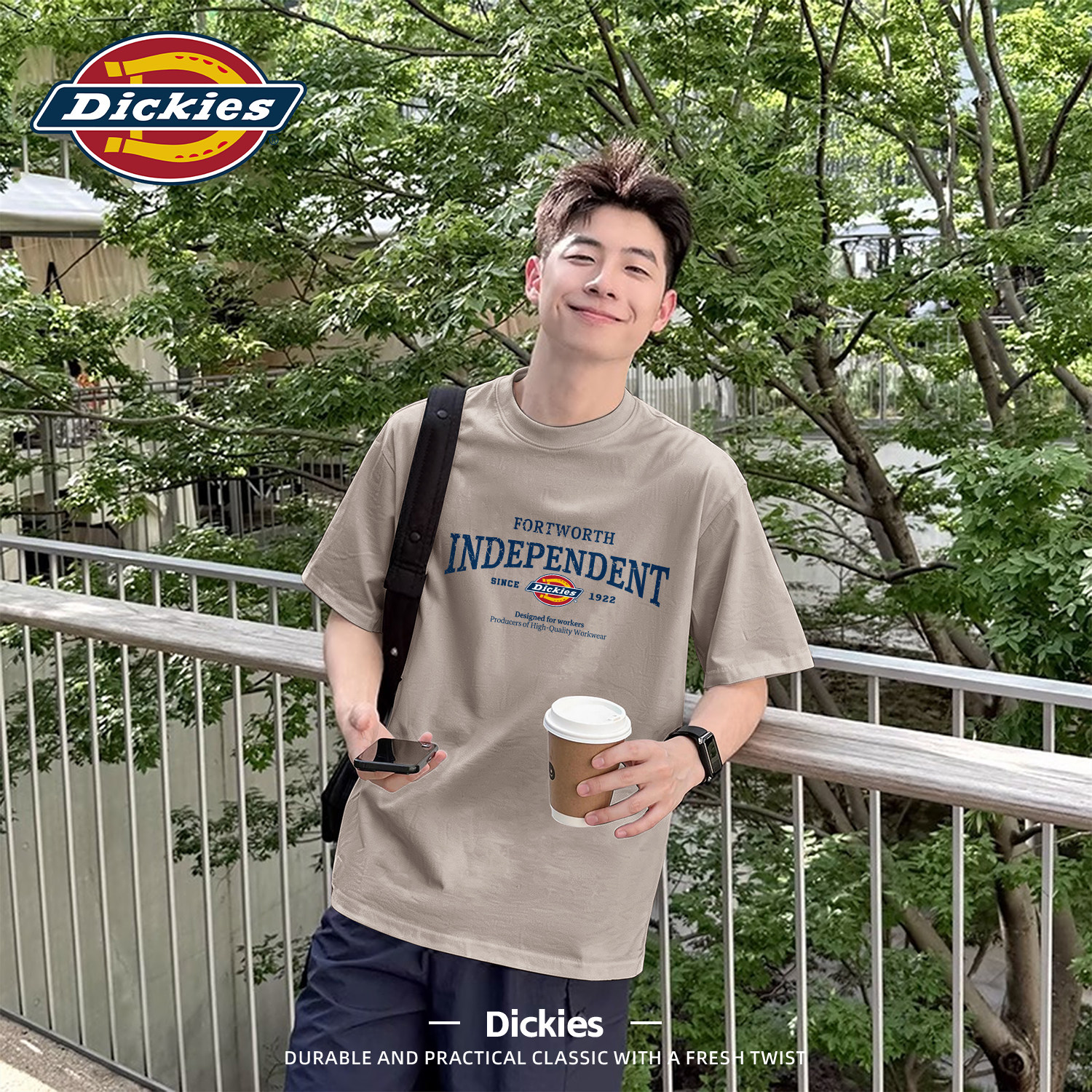 Dickies卡其色短袖t恤男款纯棉百搭夏季潮流美式印花上衣男生半袖