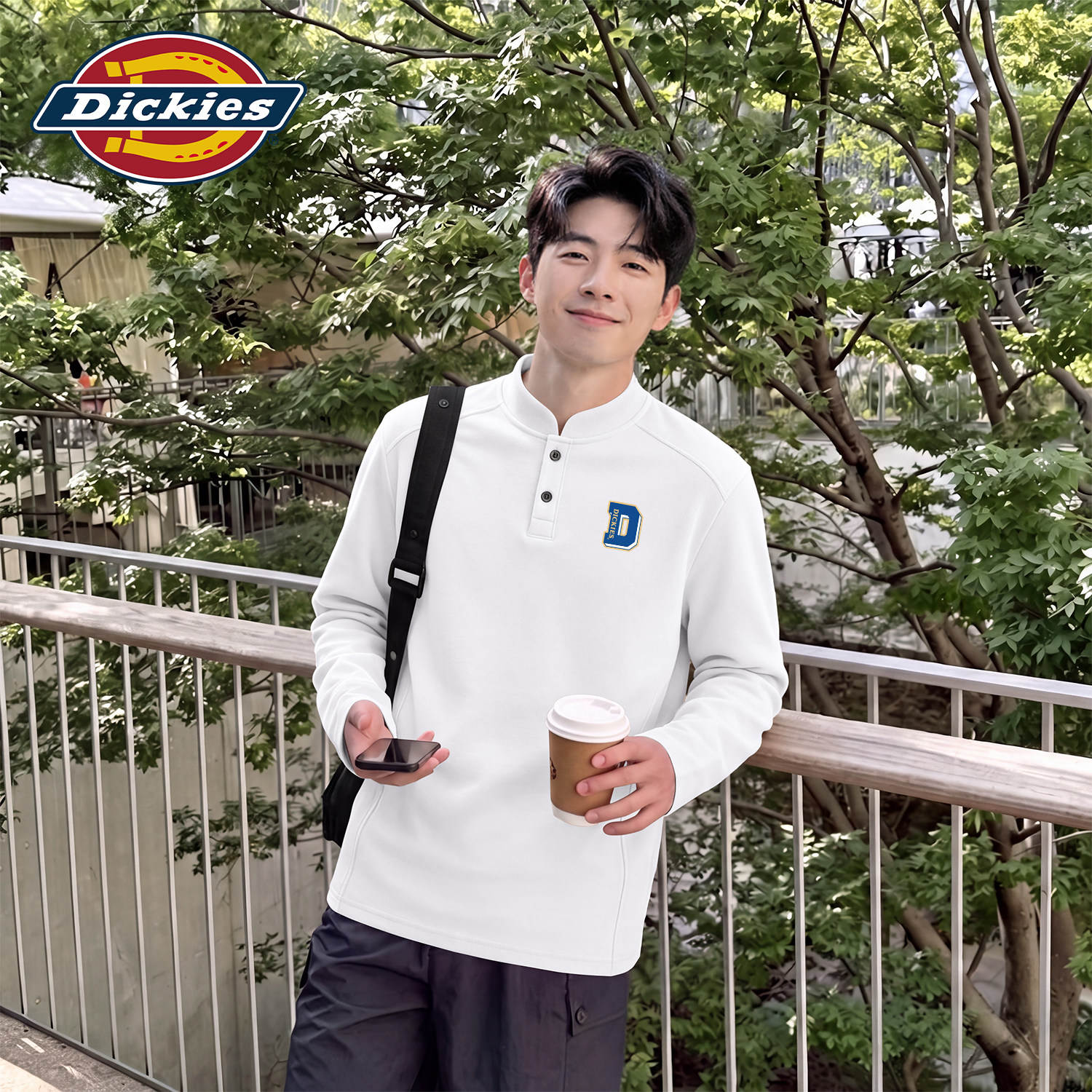 Dickies白色亨利领卫衣男2026秋季新款潮牌印花宽松美式休闲上衣