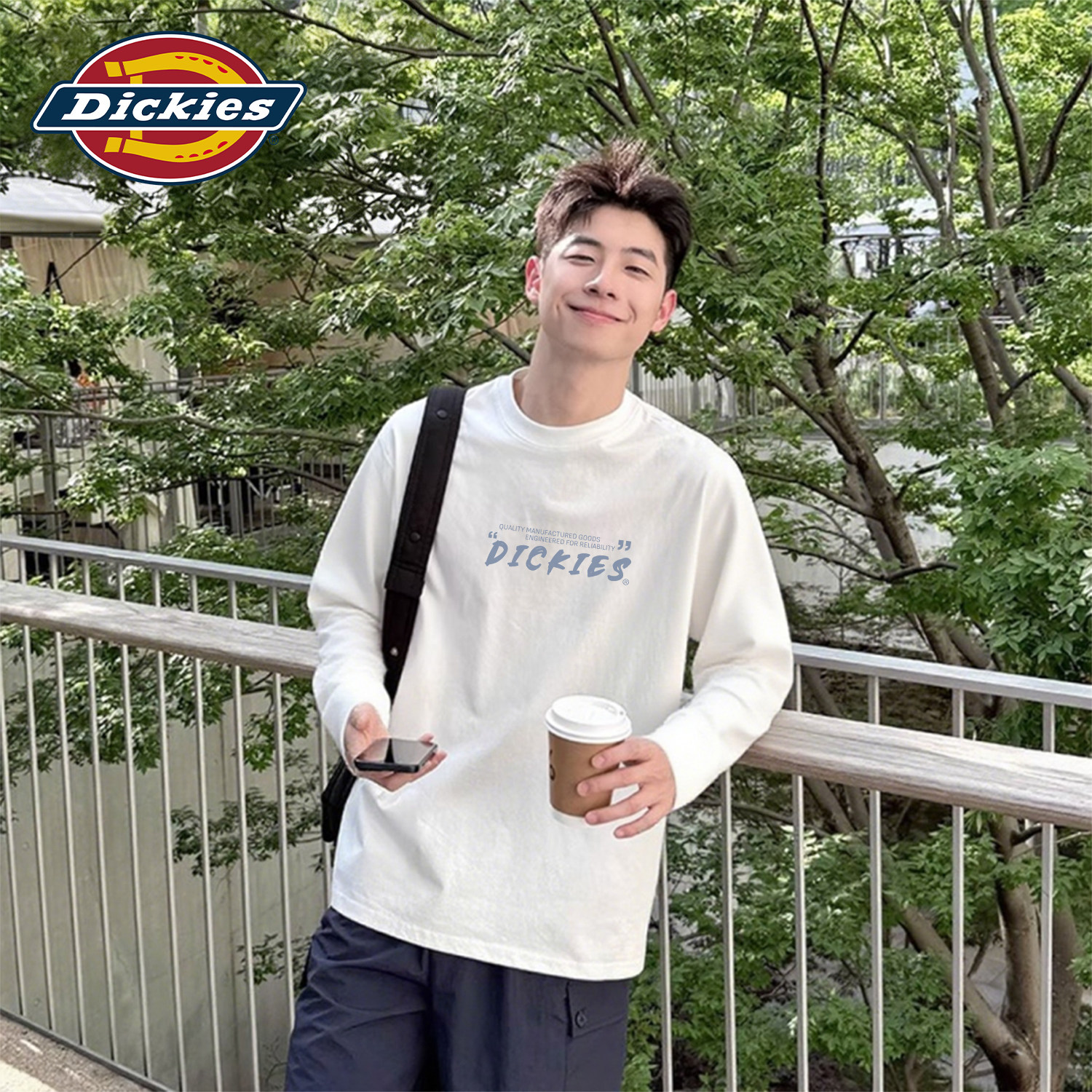 Dickies白色纯棉长袖T恤男款青少年学生打底衫男2026秋季新款上衣