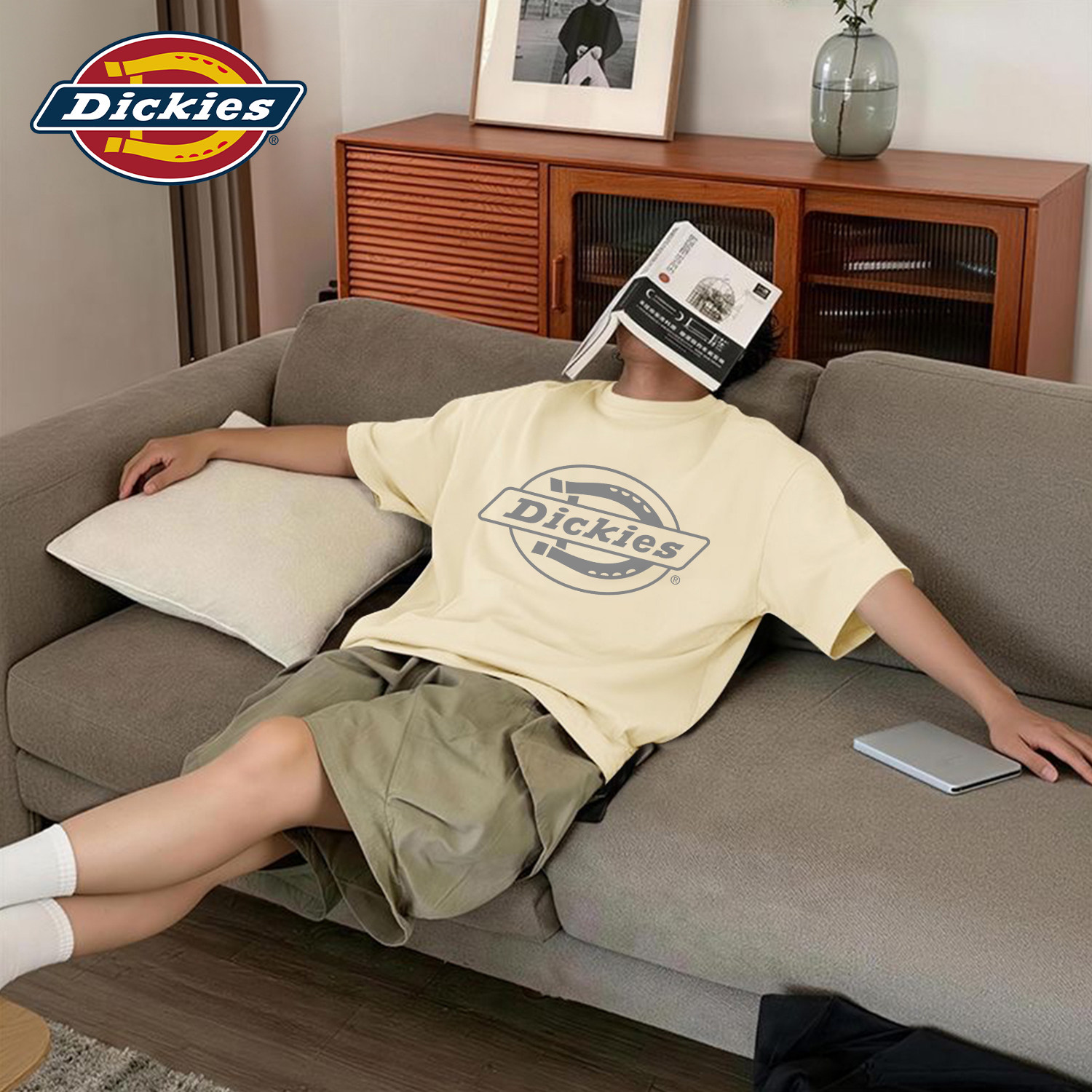 Dickies重磅纯棉短袖T恤男款米白色宽松大logo潮牌百搭上衣男半袖